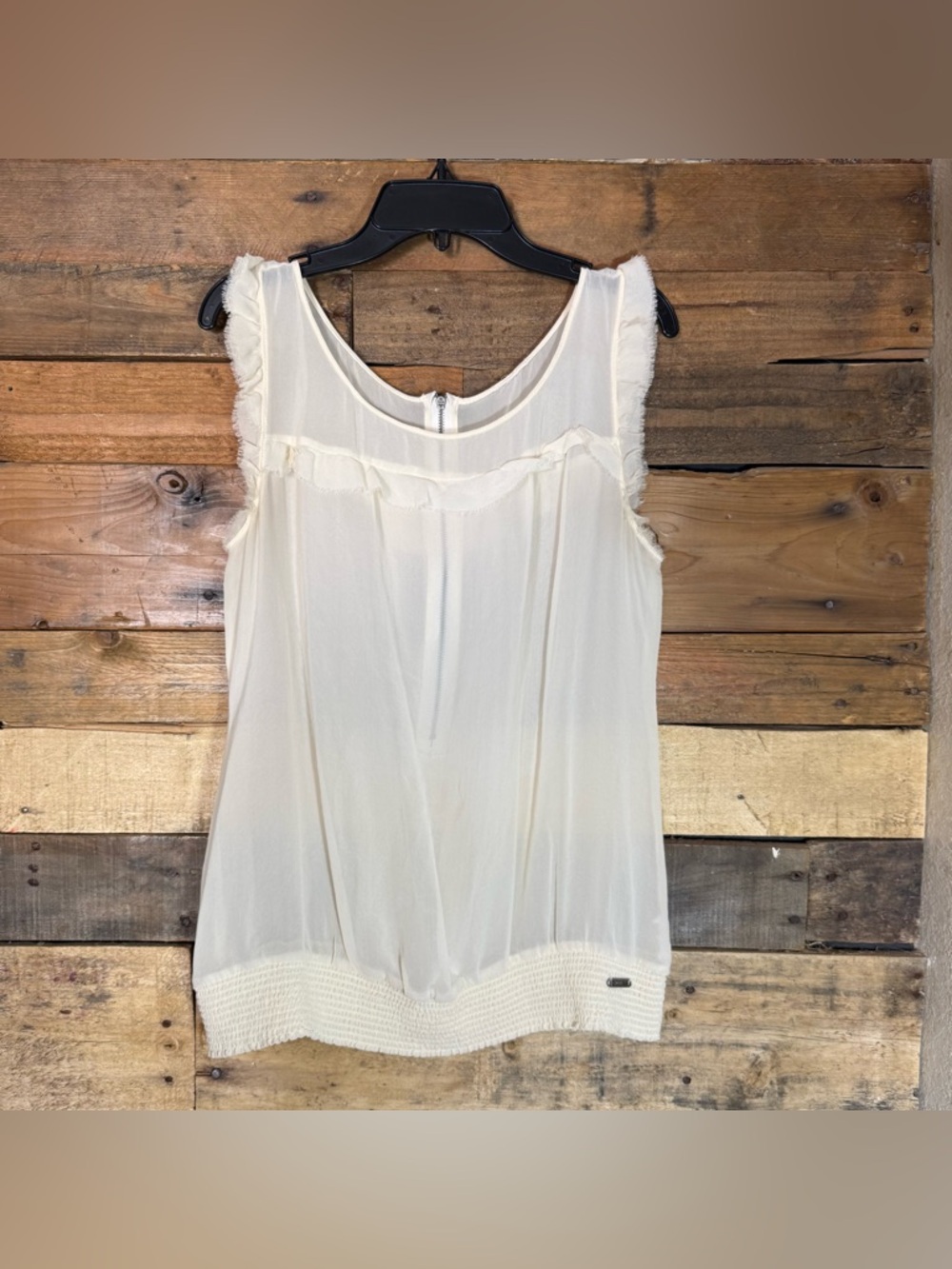 Guess Shirt Womens Off White Cream Ruffle Sleeveless Sheer Blouse Sz M